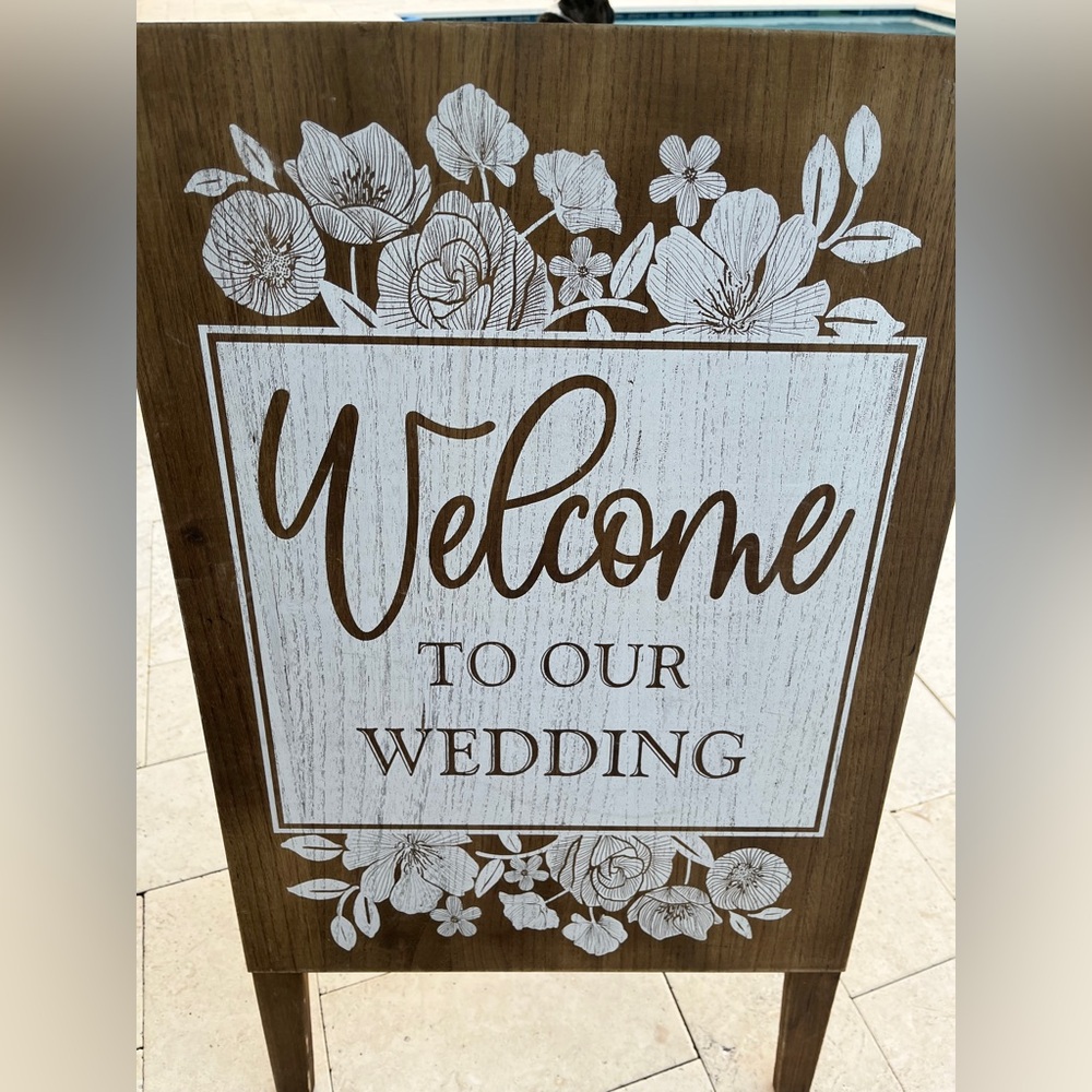 Wooden "Welcome to Our Wedding" Sign - White on Brown - Picture 3 of 5